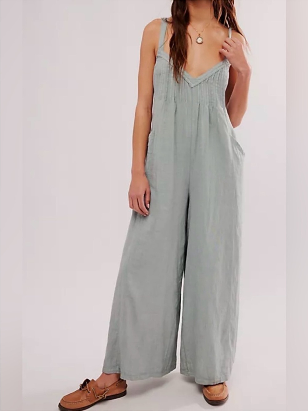 Free People Drifting Dreams One Piece Jumpsuit Wide Leg Light Blue Size XS